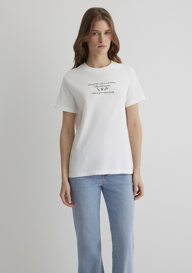  Mavi Baskılı Ekru Tişört Regular Fit / Normal Kesim 1613133-70057