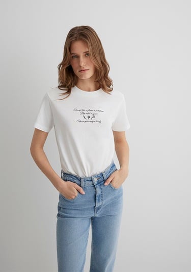  Mavi Baskılı Ekru Tişört Regular Fit / Normal Kesim 1613133-70057