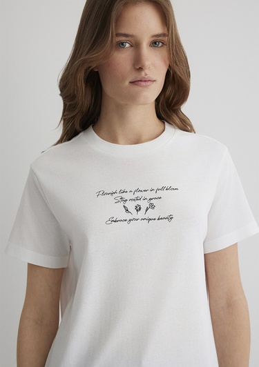  Mavi Baskılı Ekru Tişört Regular Fit / Normal Kesim 1613133-70057