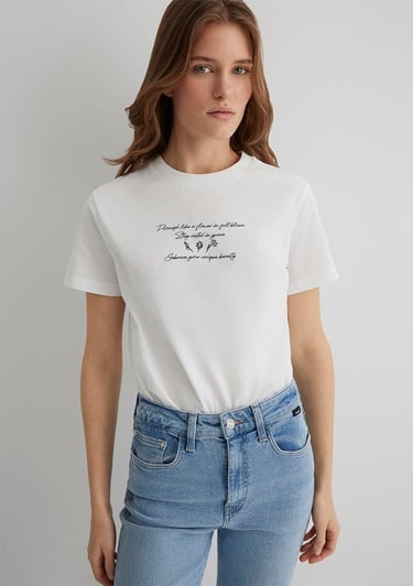  Mavi Baskılı Ekru Tişört Regular Fit / Normal Kesim 1613133-70057