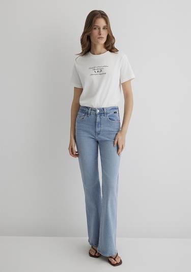  Mavi Baskılı Ekru Tişört Regular Fit / Normal Kesim 1613133-70057