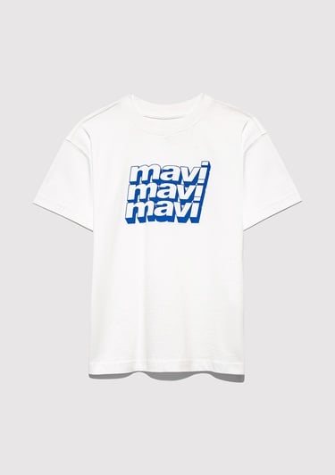  Mavi Mavi Logo Baskılı Ekru Tişört Loose Fit / Bol Rahat Kesim 6610284-70057