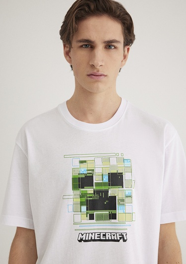  Mavi Minecraft Baskılı Beyaz Tişört Loose Fit / Bol Rahat Kesim 0612734-620