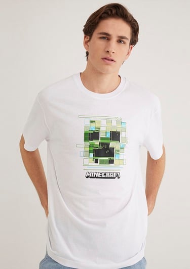  Mavi Minecraft Baskılı Beyaz Tişört Loose Fit / Bol Rahat Kesim 0612734-620