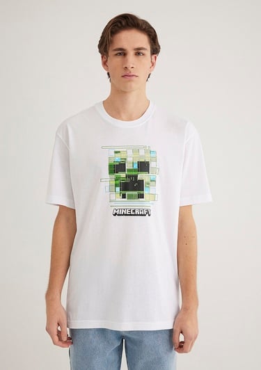  Mavi Minecraft Baskılı Beyaz Tişört Loose Fit / Bol Rahat Kesim 0612734-620