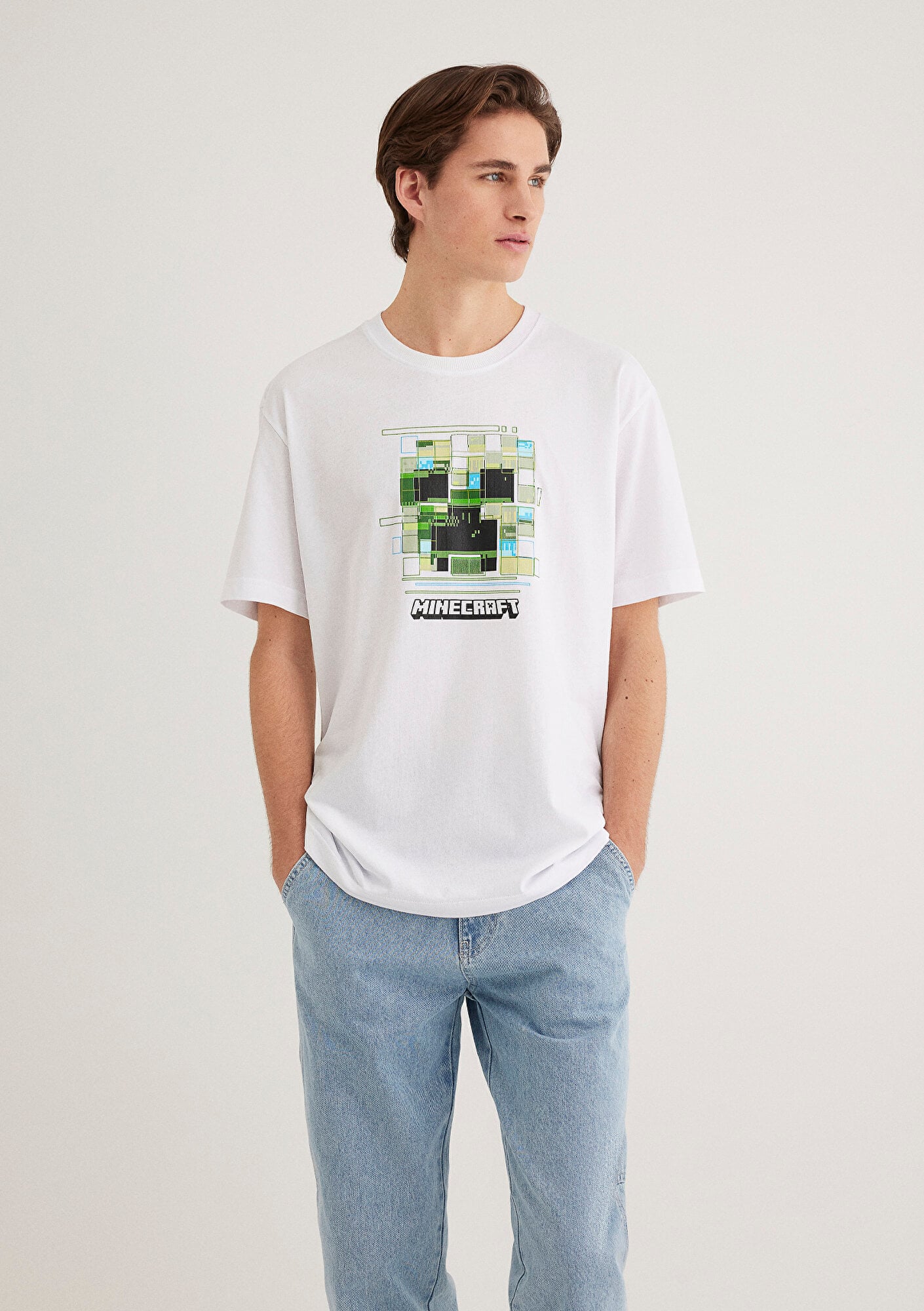  Mavi Minecraft Baskılı Beyaz Tişört Loose Fit / Bol Rahat Kesim 0612734-620