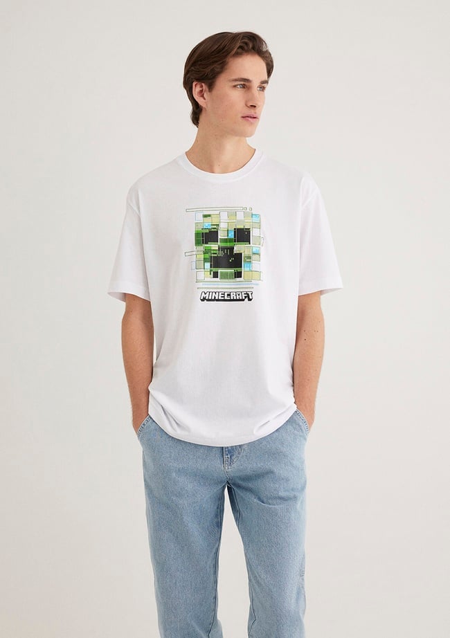  Mavi Minecraft Baskılı Beyaz Tişört Loose Fit / Bol Rahat Kesim 0612734-620