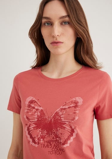  Mavi Kelebek Baskılı Pembe Tişört Slim Fit / Dar Kesim 1613196-71102