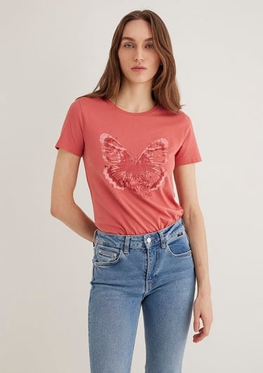  Mavi Kelebek Baskılı Pembe Tişört Slim Fit / Dar Kesim 1613196-71102