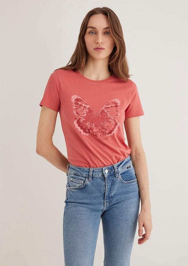  Mavi Kelebek Baskılı Pembe Tişört Slim Fit / Dar Kesim 1613196-71102