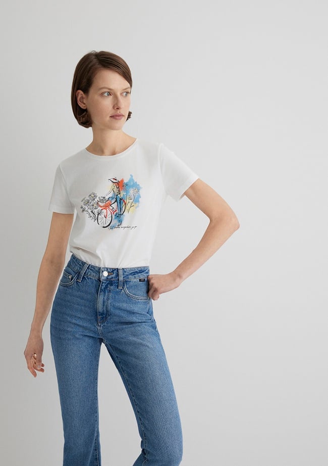  Mavi Bisiklet Baskılı Ekru Tişört Slim Fit / Dar Kesim 1613162-70057