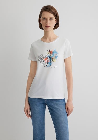  Mavi Bisiklet Baskılı Ekru Tişört Slim Fit / Dar Kesim 1613162-70057