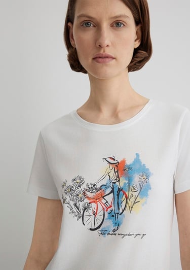  Mavi Bisiklet Baskılı Ekru Tişört Slim Fit / Dar Kesim 1613162-70057