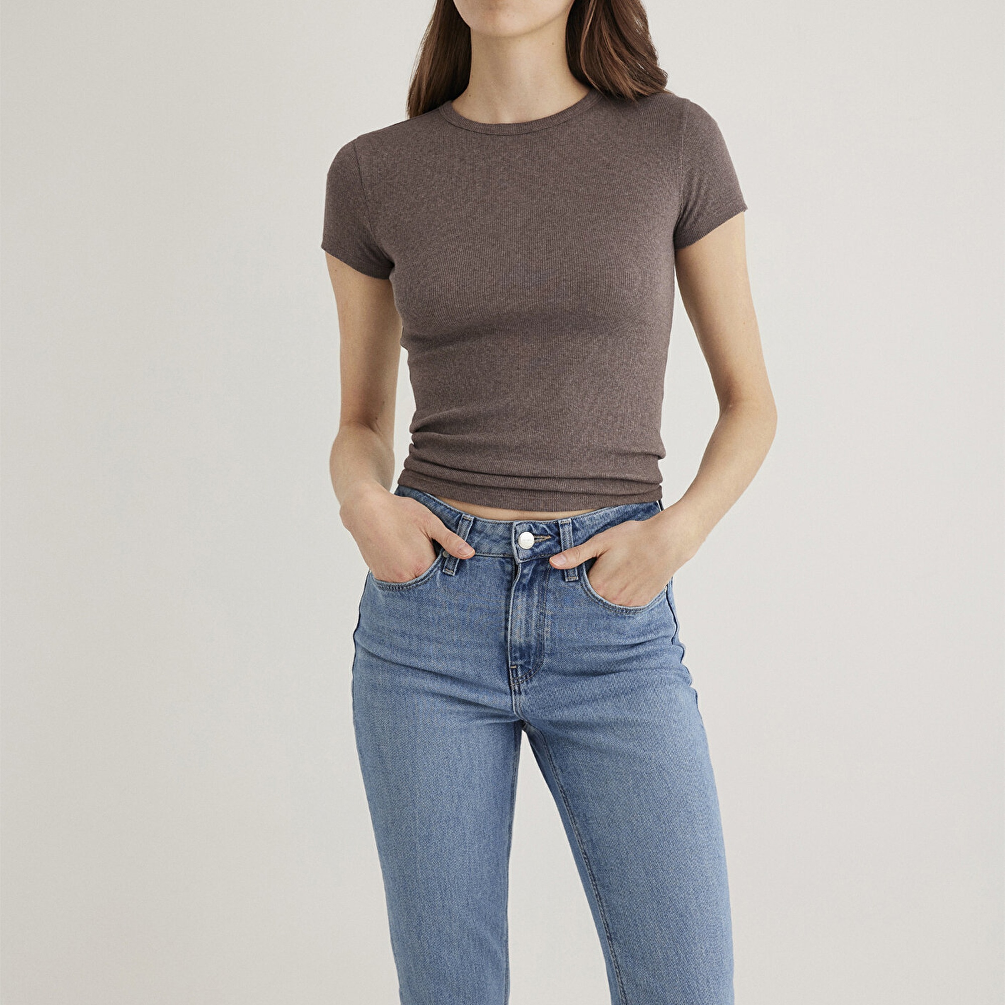 Mavi Kahverengi Basic Tişört Fitted / Vücuda Oturan Kesim 1613081-88533