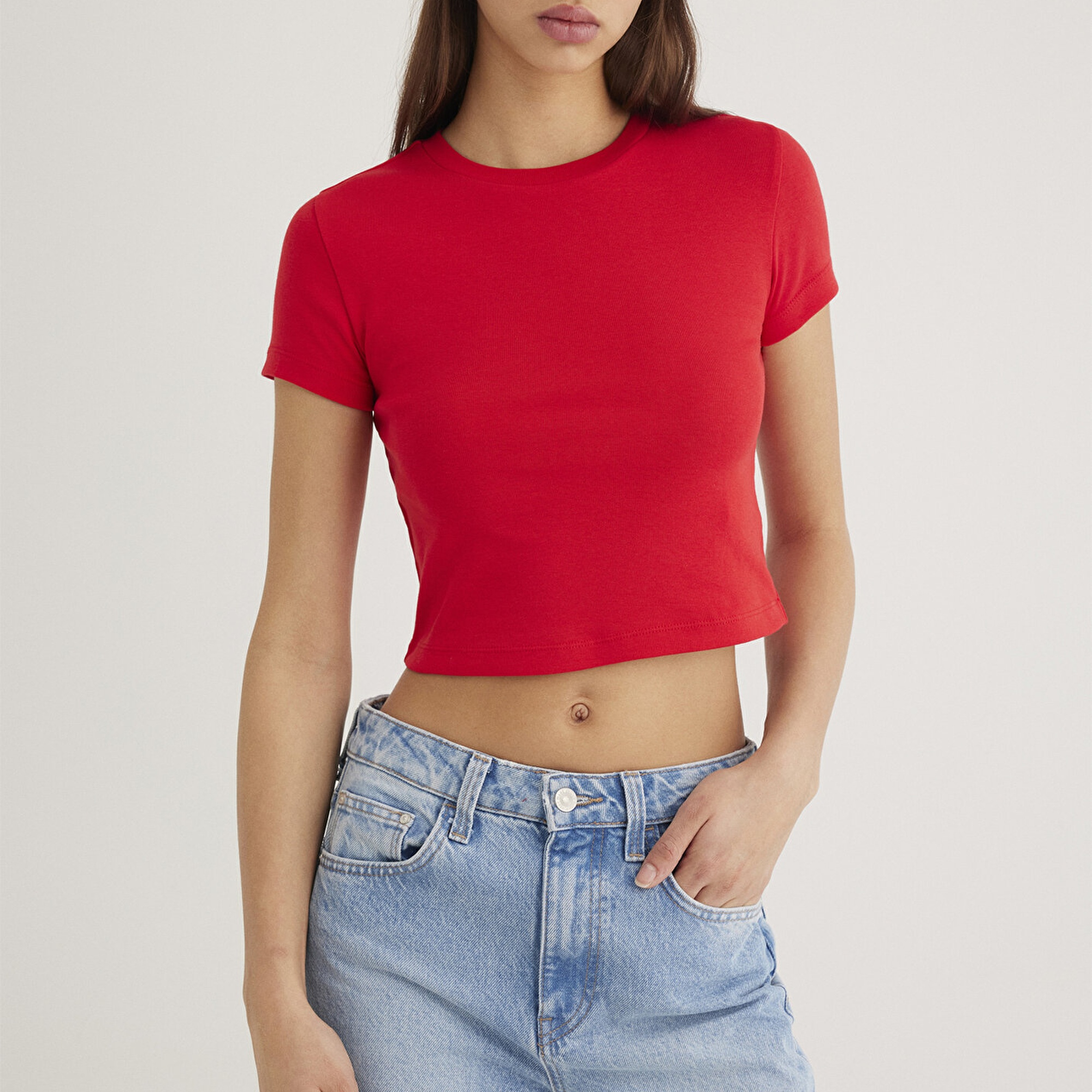 Mavi Kırmızı Basic Tişört Crop / Kısa Kesim 1600814-70467