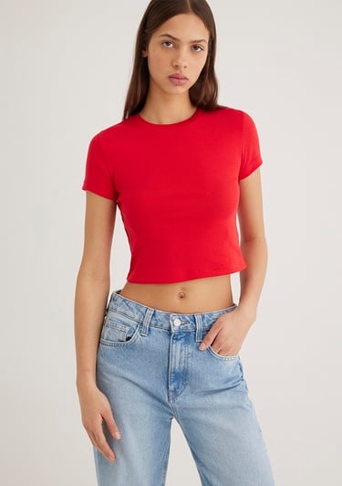  Mavi Kırmızı Basic Tişört Crop / Kısa Kesim 1600814-70467