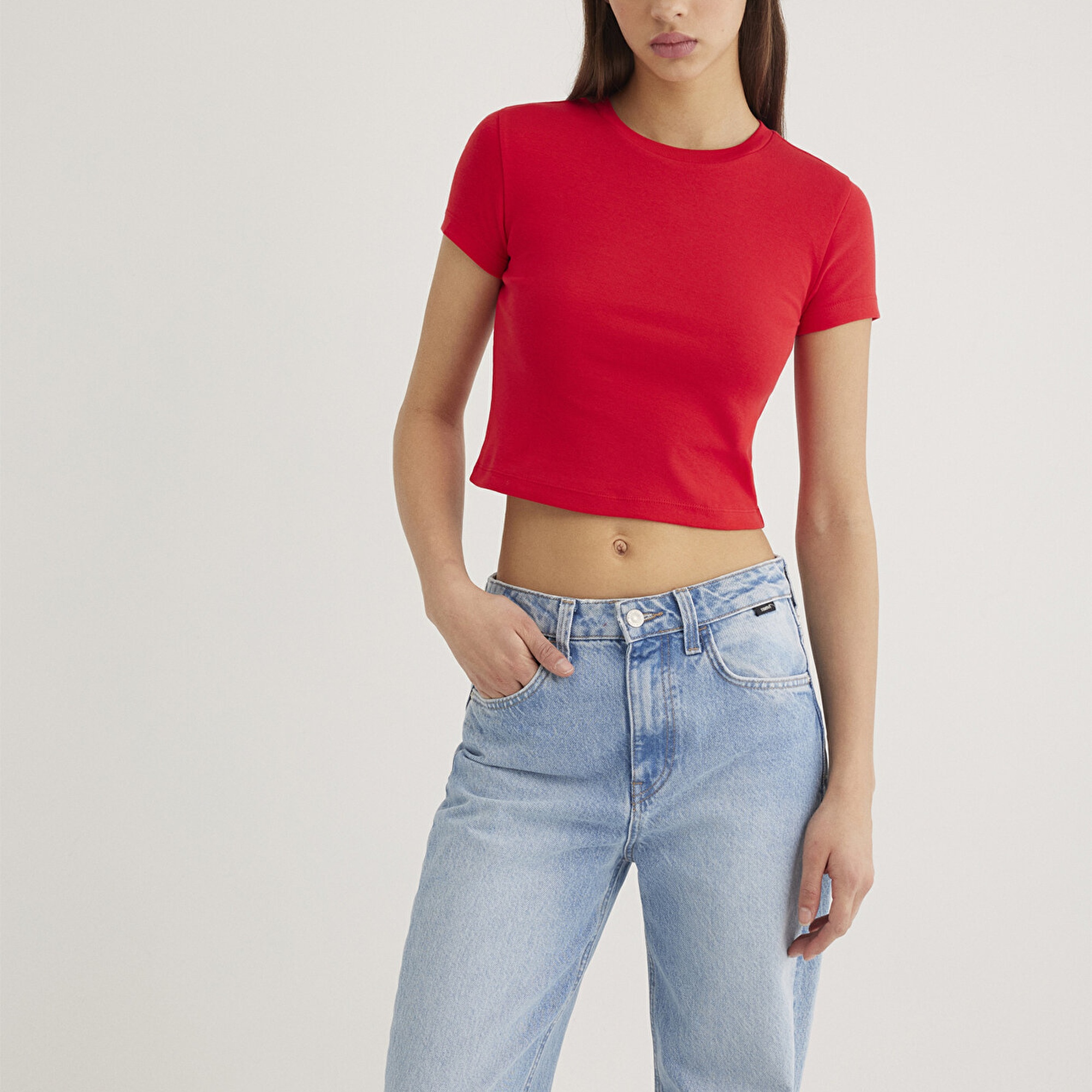 Mavi Kırmızı Basic Tişört Crop / Kısa Kesim 1600814-70467