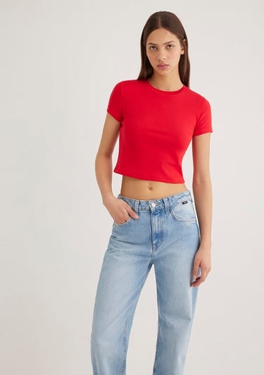  Mavi Kırmızı Basic Tişört Crop / Kısa Kesim 1600814-70467