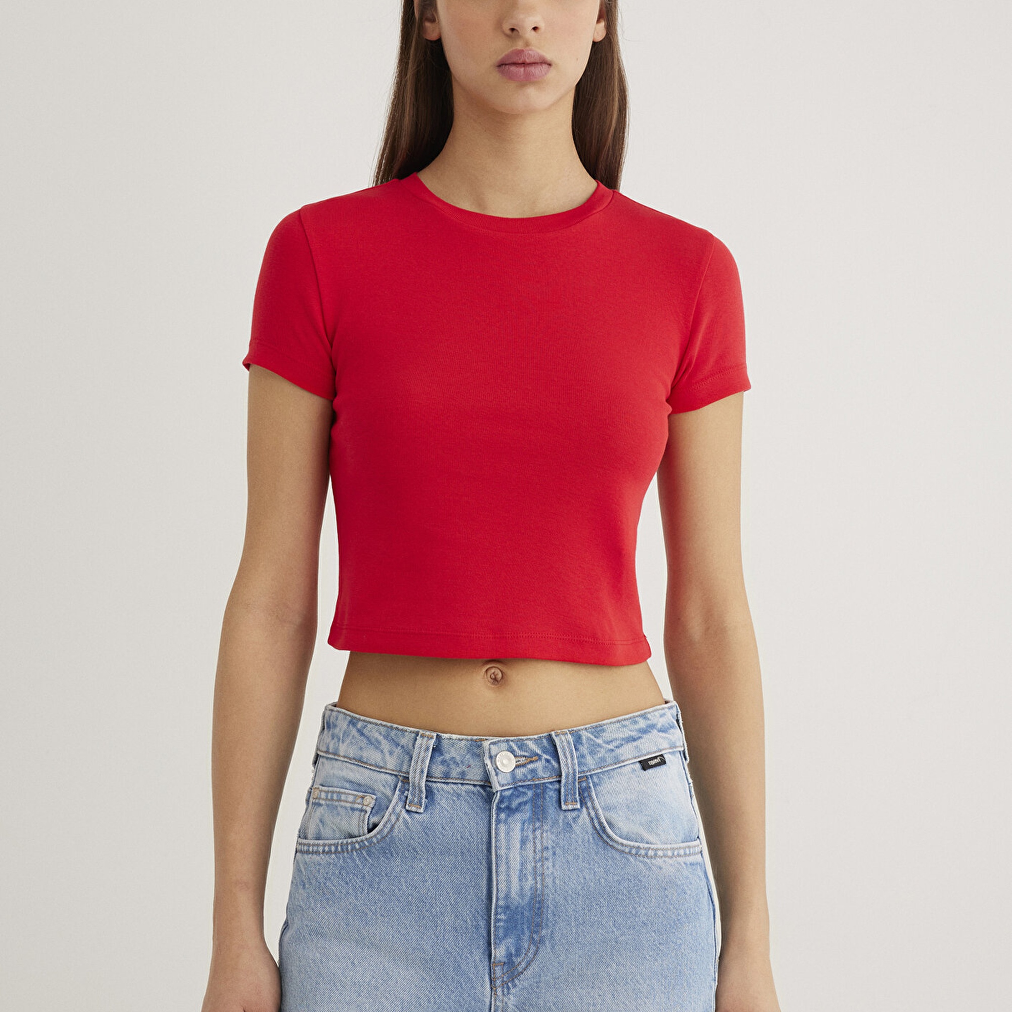 Mavi Kırmızı Basic Tişört Crop / Kısa Kesim 1600814-70467