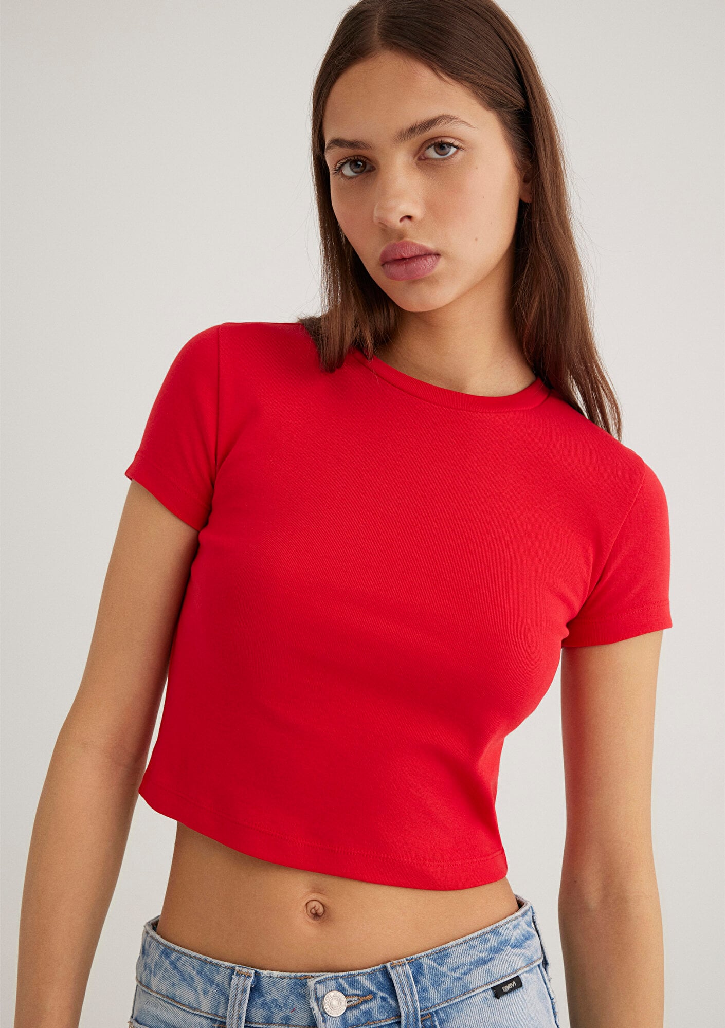  Mavi Kırmızı Basic Tişört Crop / Kısa Kesim 1600814-70467