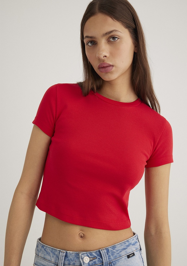  Mavi Kırmızı Basic Tişört Crop / Kısa Kesim 1600814-70467