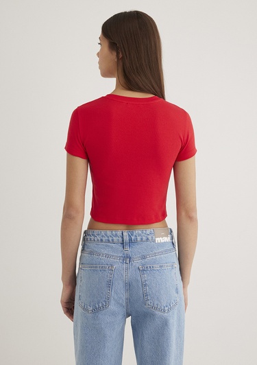  Mavi Kırmızı Basic Tişört Crop / Kısa Kesim 1600814-70467