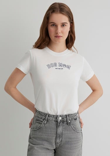  Mavi Köpek Baskılı Ekru Tişört Semi Slim Fit / Yarı Dar Kesim 1613194-70057