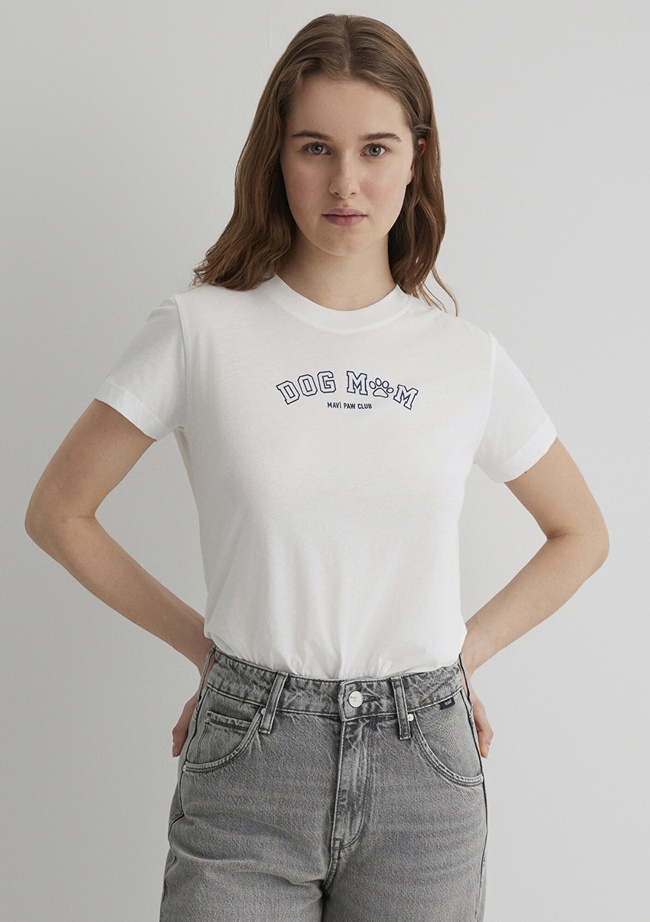  Mavi Köpek Baskılı Ekru Tişört Semi Slim Fit / Yarı Dar Kesim 1613194-70057