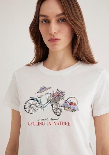  Mavi Bisiklet Baskılı Ekru Tişört Semi Slim Fit / Yarı Dar Kesim 1613198-70057