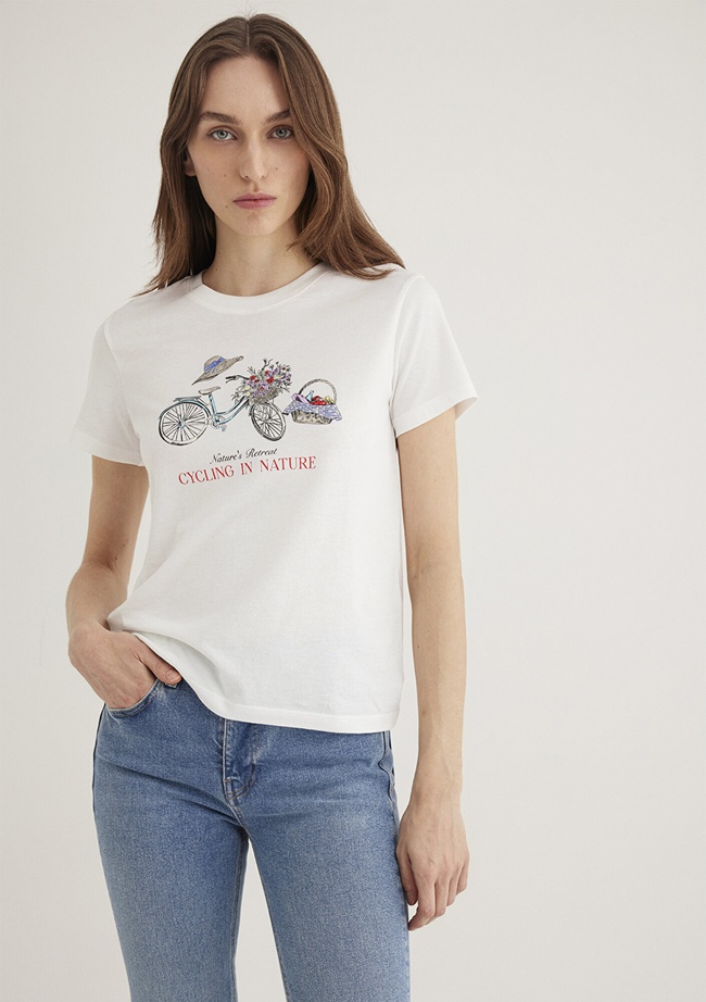  Mavi Bisiklet Baskılı Ekru Tişört Semi Slim Fit / Yarı Dar Kesim 1613198-70057