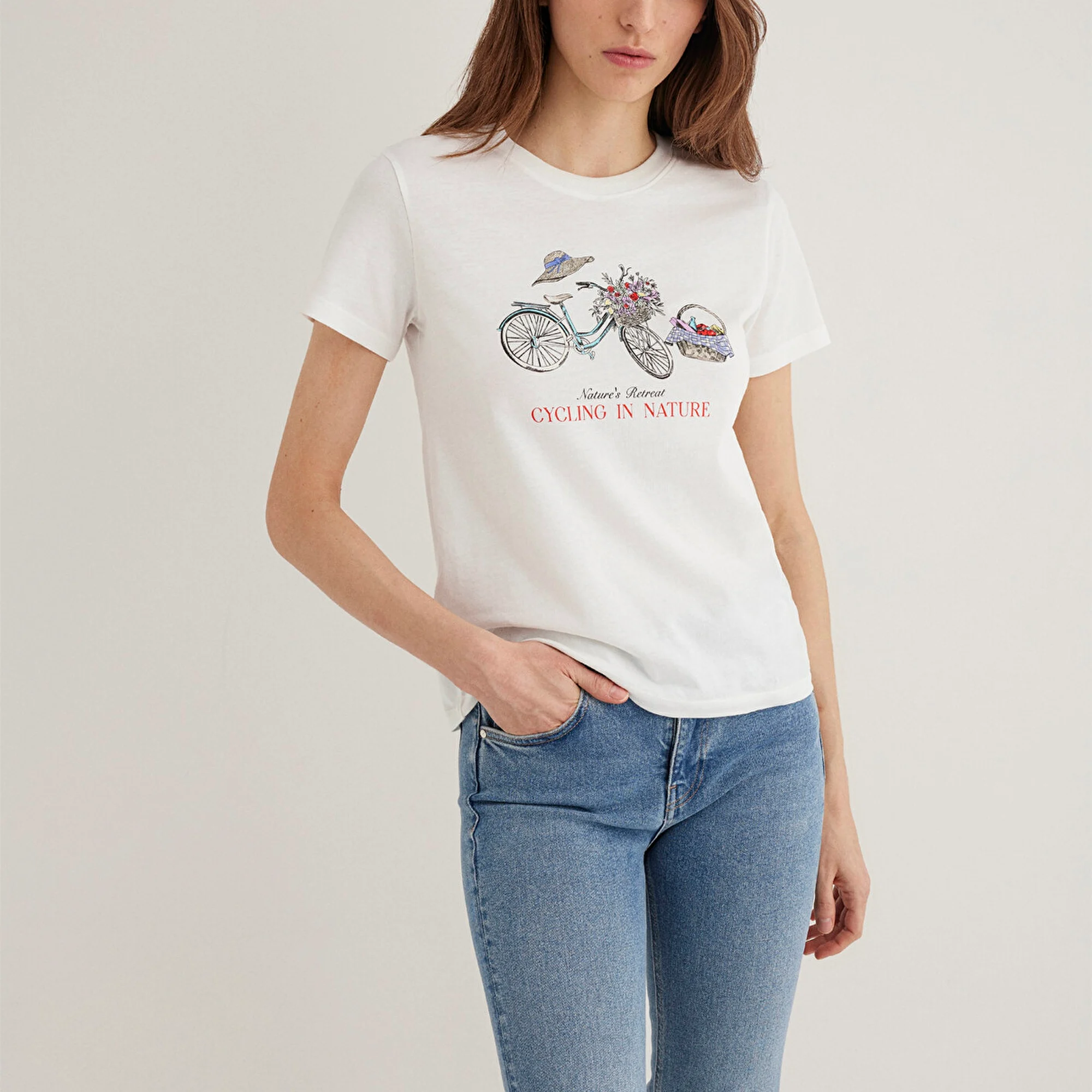 Mavi Bisiklet Baskılı Ekru Tişört Semi Slim Fit / Yarı Dar Kesim 1613198-70057