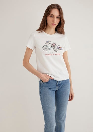  Mavi Bisiklet Baskılı Ekru Tişört Semi Slim Fit / Yarı Dar Kesim 1613198-70057