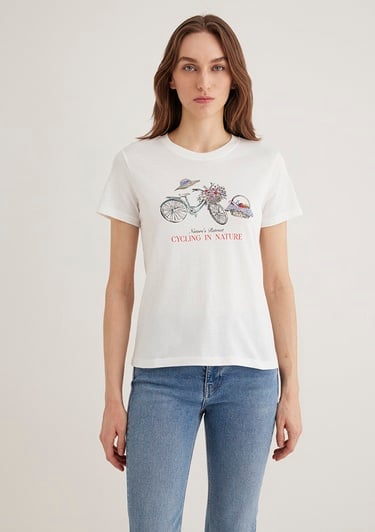  Mavi Bisiklet Baskılı Ekru Tişört Semi Slim Fit / Yarı Dar Kesim 1613198-70057