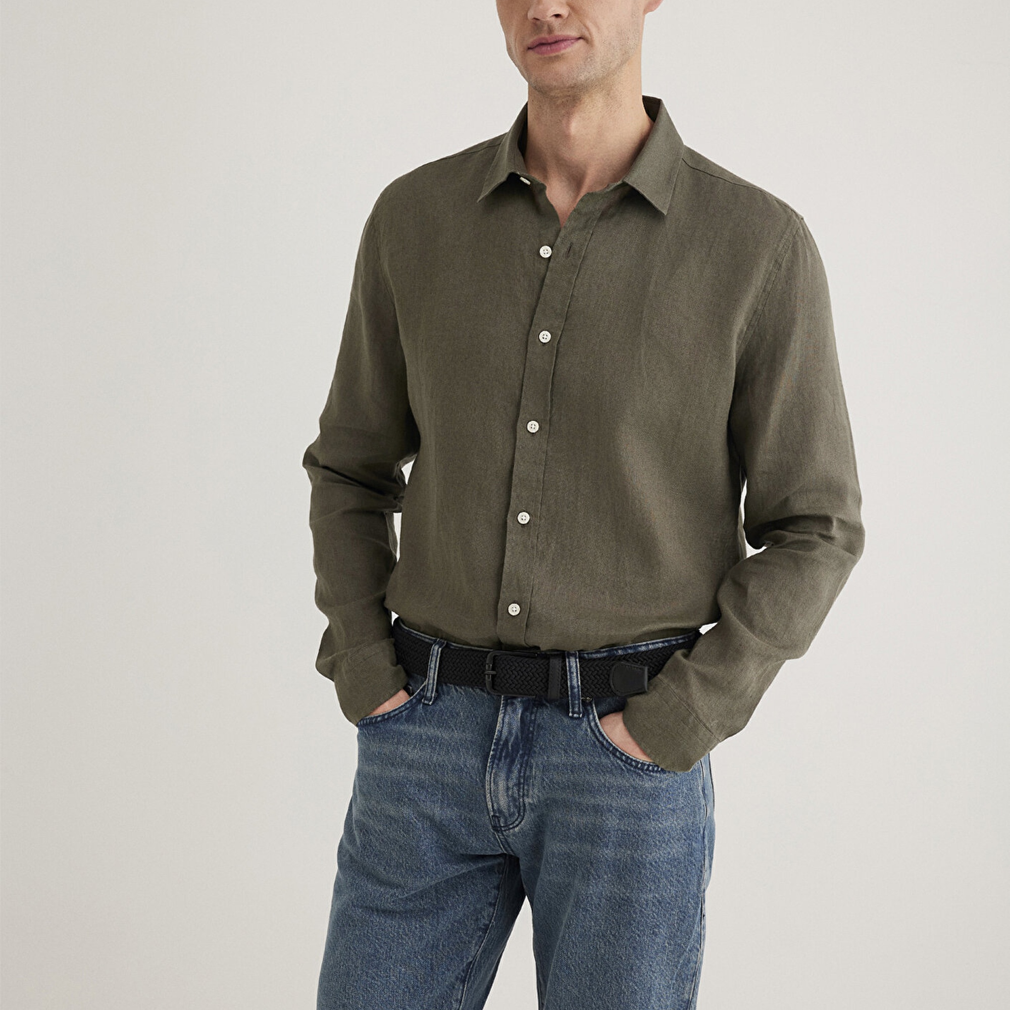 Mavi Haki Keten Gömlek Slim Fit / Dar Kesim 0211466-71546