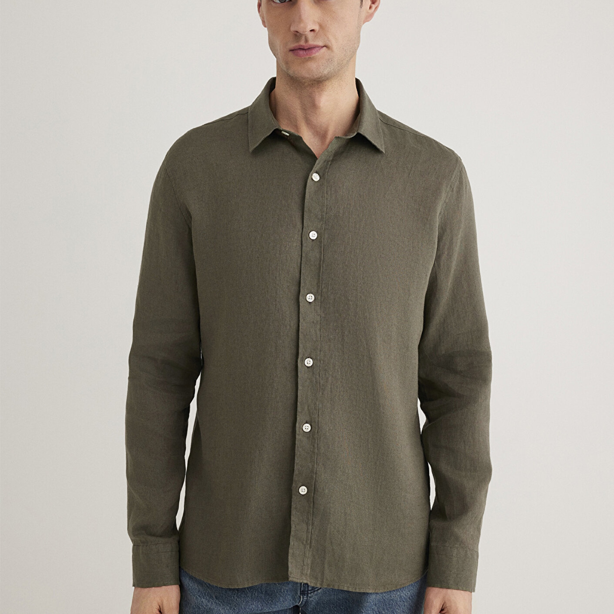 Mavi Haki Keten Gömlek Slim Fit / Dar Kesim 0211466-71546