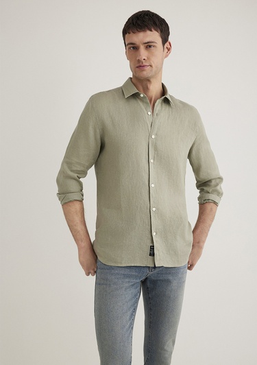  Mavi Yeşil Keten Gömlek Slim Fit / Dar Kesim 0211466-71481