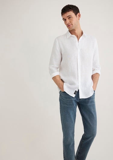  Mavi Beyaz Keten Gömlek Slim Fit / Dar Kesim 0211466-620