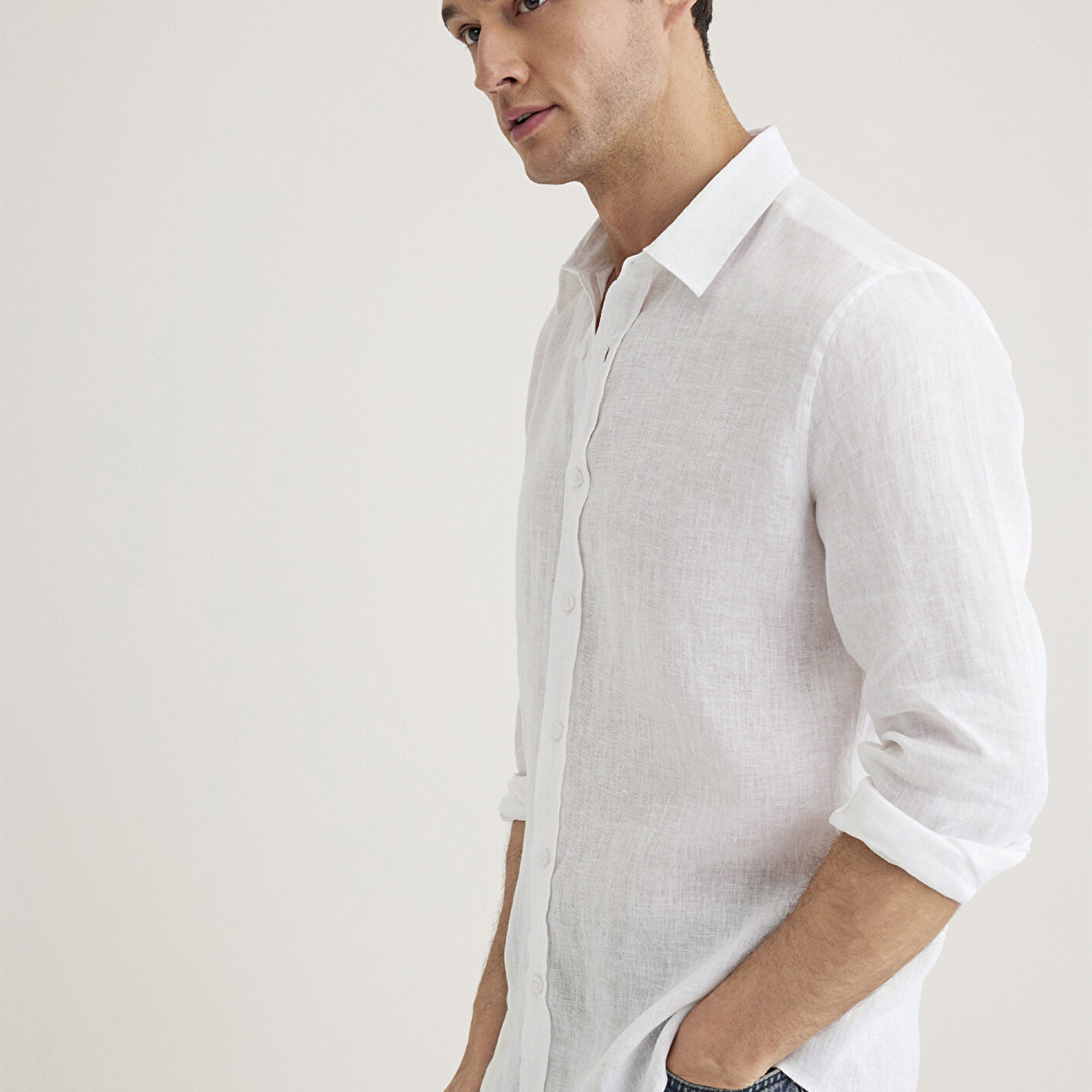 Mavi Beyaz Keten Gömlek Slim Fit / Dar Kesim 0211466-620