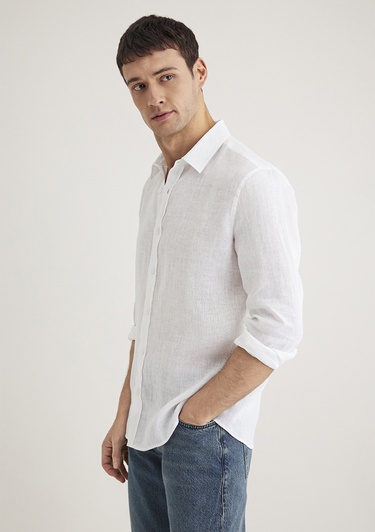  Mavi Beyaz Keten Gömlek Slim Fit / Dar Kesim 0211466-620