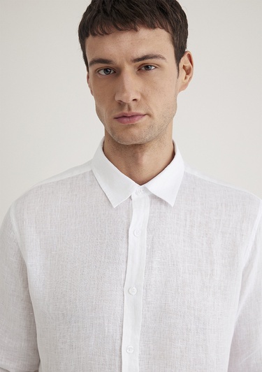  Mavi Beyaz Keten Gömlek Slim Fit / Dar Kesim 0211466-620