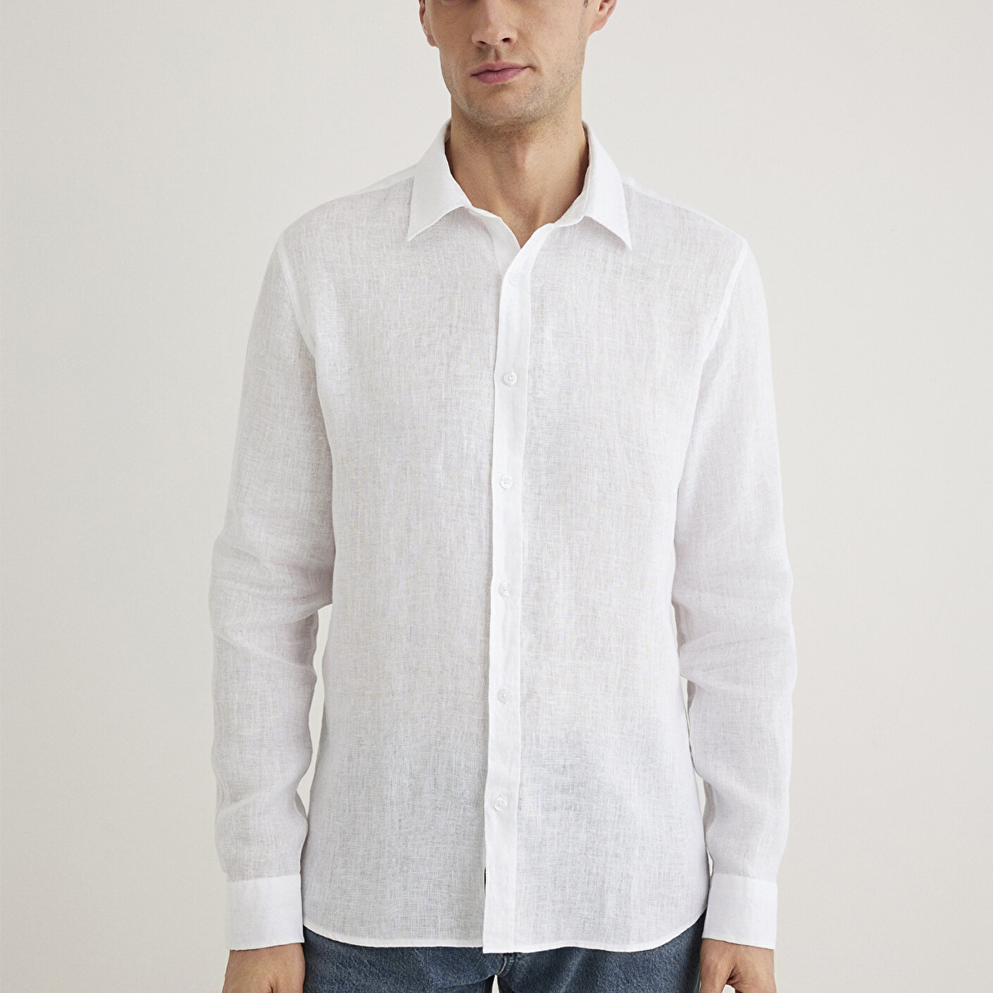 Mavi Beyaz Keten Gömlek Slim Fit / Dar Kesim 0211466-620