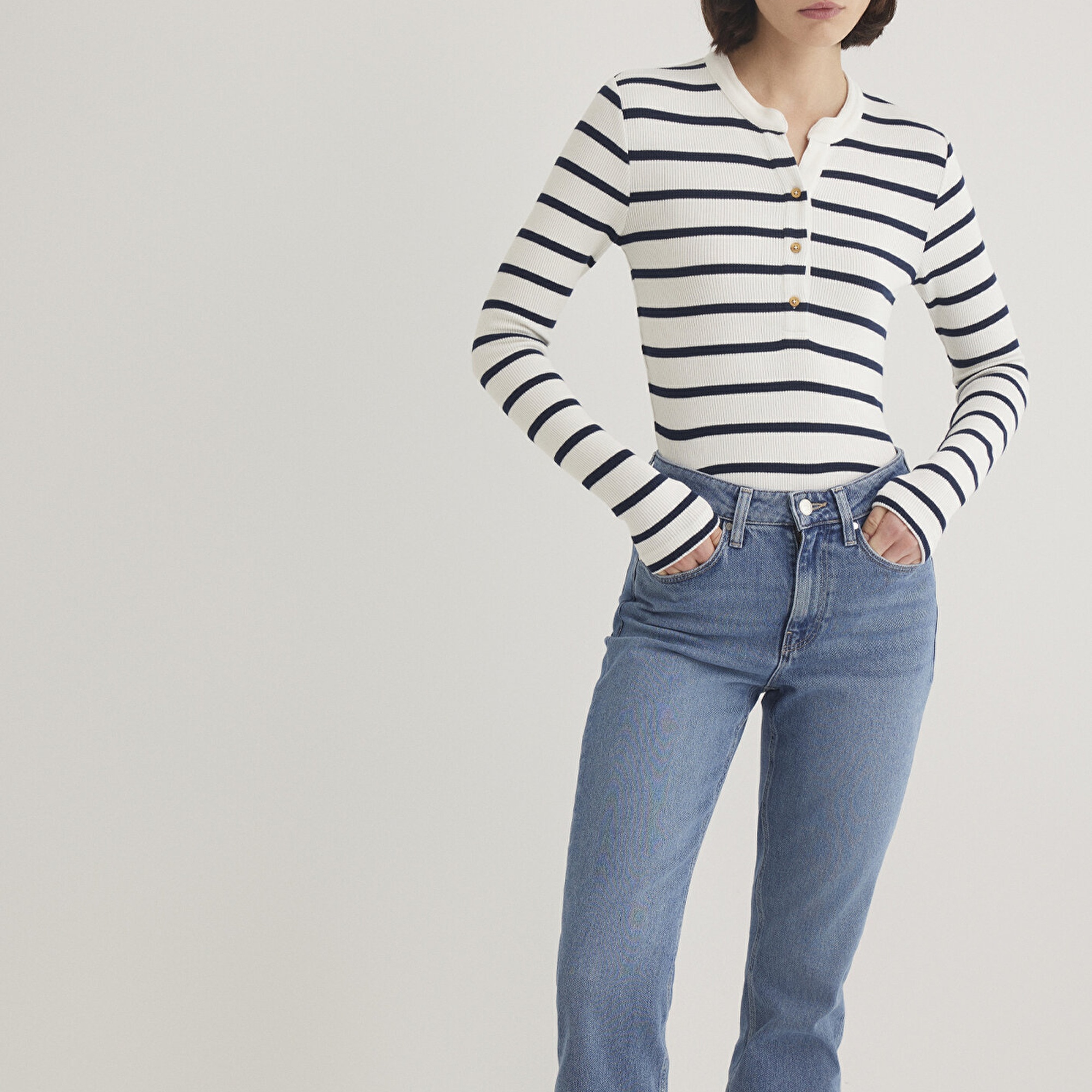 Mavi Düğme Detaylı Çizgili Tişört Fitted / Vücuda Oturan Kesim 1612915-86625