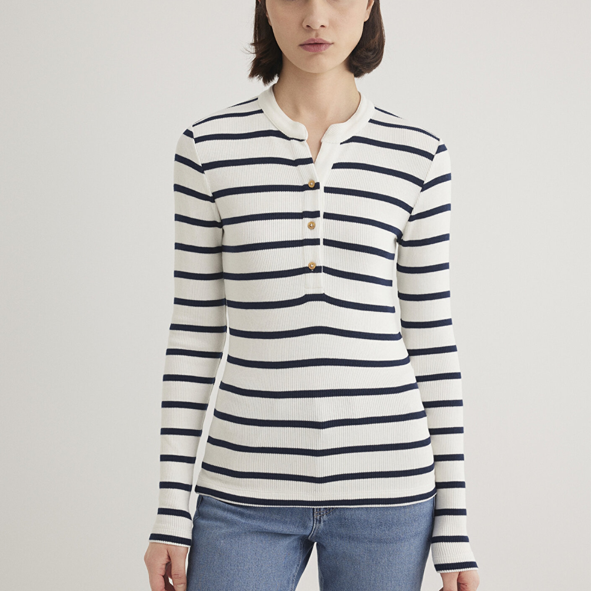 Mavi Düğme Detaylı Çizgili Tişört Fitted / Vücuda Oturan Kesim 1612915-86625