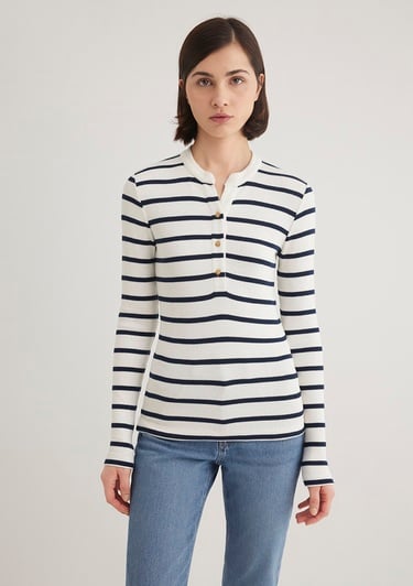  Mavi Düğme Detaylı Çizgili Tişört Fitted / Vücuda Oturan Kesim 1612915-86625