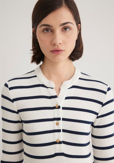  Mavi Düğme Detaylı Çizgili Tişört Fitted / Vücuda Oturan Kesim 1612915-86625