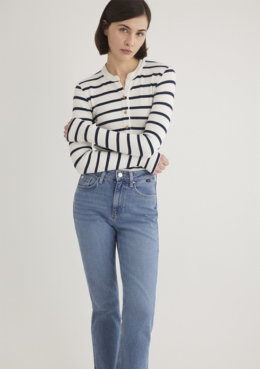  Mavi Düğme Detaylı Çizgili Tişört Fitted / Vücuda Oturan Kesim 1612915-86625