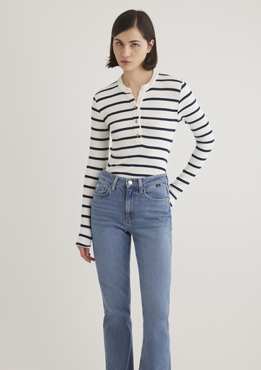  Mavi Düğme Detaylı Çizgili Tişört Fitted / Vücuda Oturan Kesim 1612915-86625