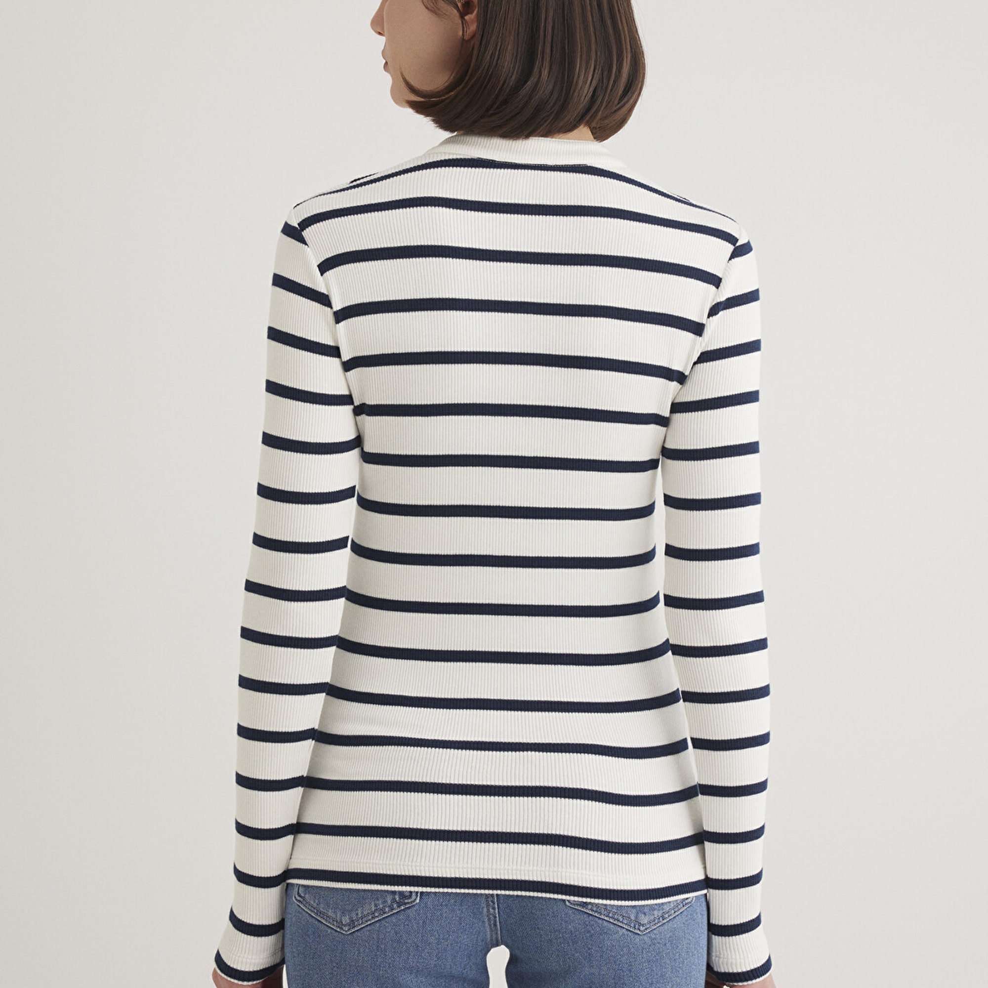 Mavi Düğme Detaylı Çizgili Tişört Fitted / Vücuda Oturan Kesim 1612915-86625