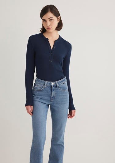  Mavi Düğme Detaylı Lacivert Tişört Fitted / Vücuda Oturan Kesim 1612915-82318