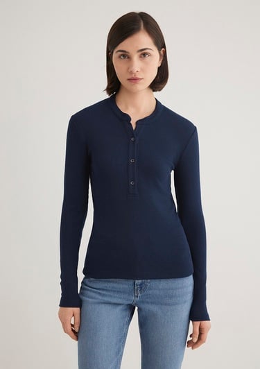  Mavi Düğme Detaylı Lacivert Tişört Fitted / Vücuda Oturan Kesim 1612915-82318